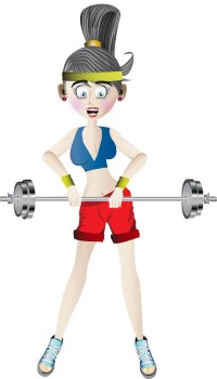 A cartoon woman in fitness gear holding a barbell.