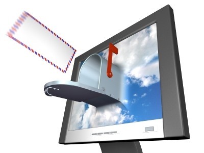 A mailbox coming out of a computer monitor.