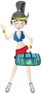 A woman in fitness gear holding a sports bag in her left hand.