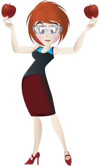 A cartoon woman holding a red apple in each hand.