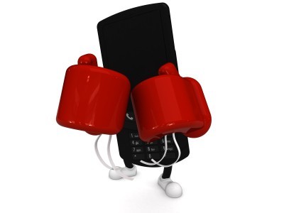 A cartoon phone wearing boxing gloves.
