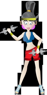 A cartoon woman in blue and red fitness gear curling two dumbbells.