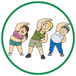 A group of people stretching surrounded by a green circle.