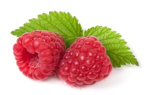 2 raspberries with leaves attached.