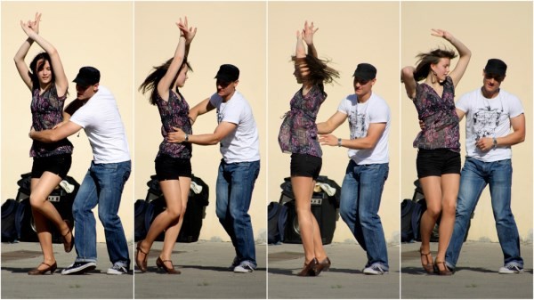 A couple street dancing.