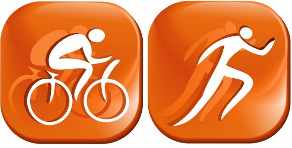 An orange illustration of a cyclist and a runner.