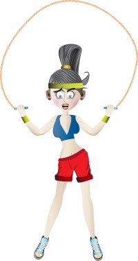 A cartoon woman wearing fitness gear and skipping.