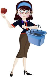 A cartoon woman holding an apple and a shopping basket.