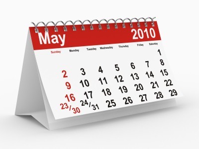 A calendar showing the month of May 2010.