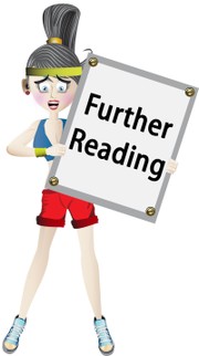 A cartoon woman in fitness gear, holding a further reading sign.