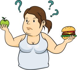 A cartoon woman holding an apple and a burger.
