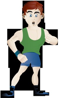 A cartoon man wearing green and blue fitness gear.