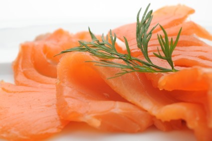 Smoked salmon on a white background.