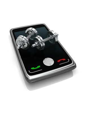 A mobile phone with dumbbells on the screen.