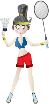 A woman in fitness gear holding a badminton racket and shuttlecock.