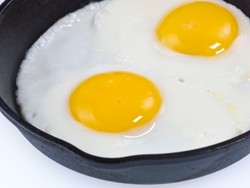 2 eggs in a frying pan.