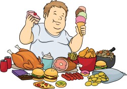 A fat cartoon man eating a table full of food.