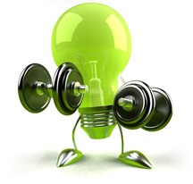 A green lightbulb lifting weights.