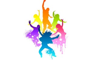 A group of multi-coloured cartoon dancers.