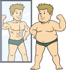 A cartoon fat man posing in the mirror and seeing a muscular reflection.