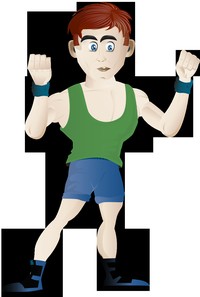 A cartoon man wearing green and blue fitness gear.