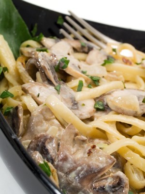 A close up shot of a pasta and mushroom dish.