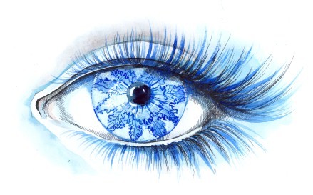 An illustration of an eye containing a snowflake.