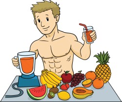 A muscular cartoon man making fruit smoothies.
