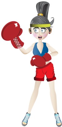 A woman in fitness gear wearing boxing gloves.