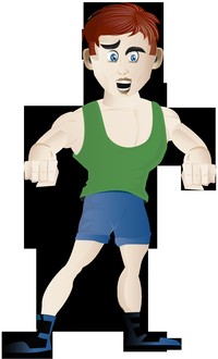 A cartoon man wearing green and blue fitness gear.