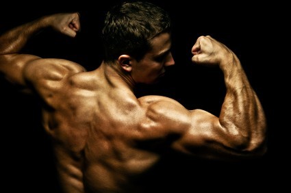 A bodybuilder flexing his arms and back.