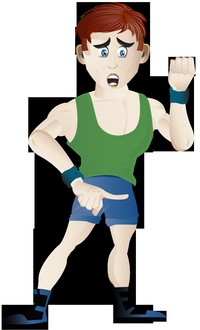 A cartoon man wearing green and blue fitness gear.