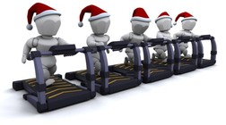 Silver figures in Christmas hats running on treadmills.