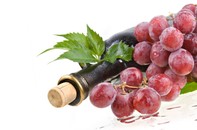 A bottle of red wine surrounded by red grapes.
