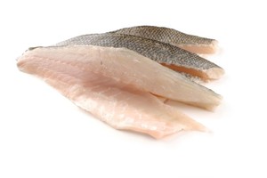 Three sea bass fillets on a white background.
