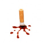 A cigarette being stubbed into a blood splatter.