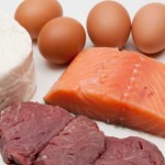Beef, cheese, eggs and salmon on a white background.