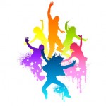 A group of multi-coloured cartoon dancers.