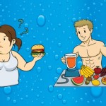 A male and female cartoon with food on a blue background.