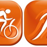 An orange illustration of a cyclist and a runner.