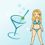 A cartoon woman in a bikini standing next to a Martini glass.